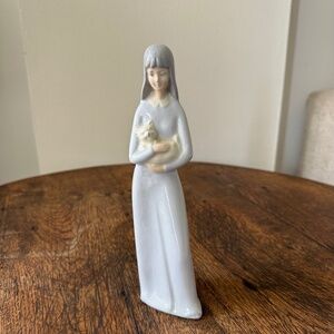 Vintage Porceval Spain Porcelain Figurine Woman with Cat Gloss Finish 9” Tall
